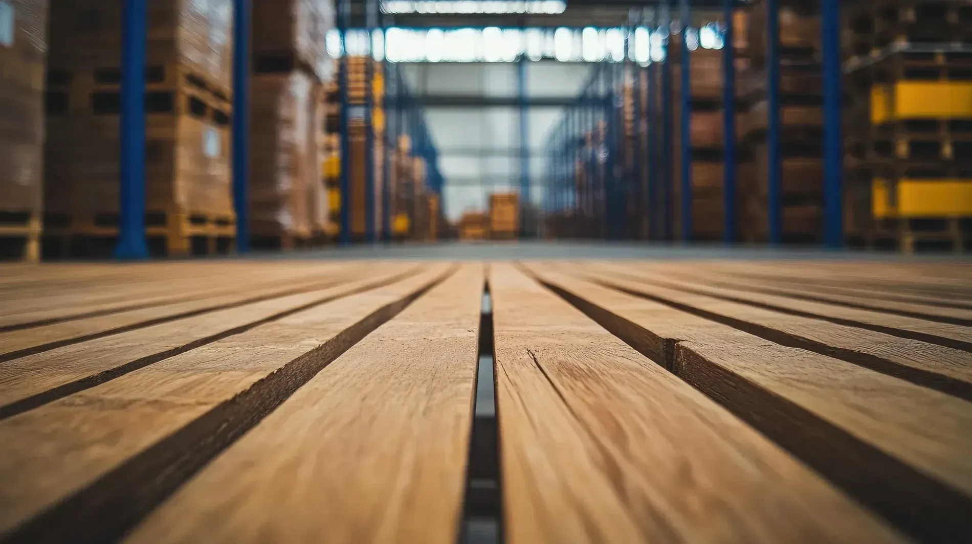 Palets de madera apilados en un almacén, a la luz del sol.