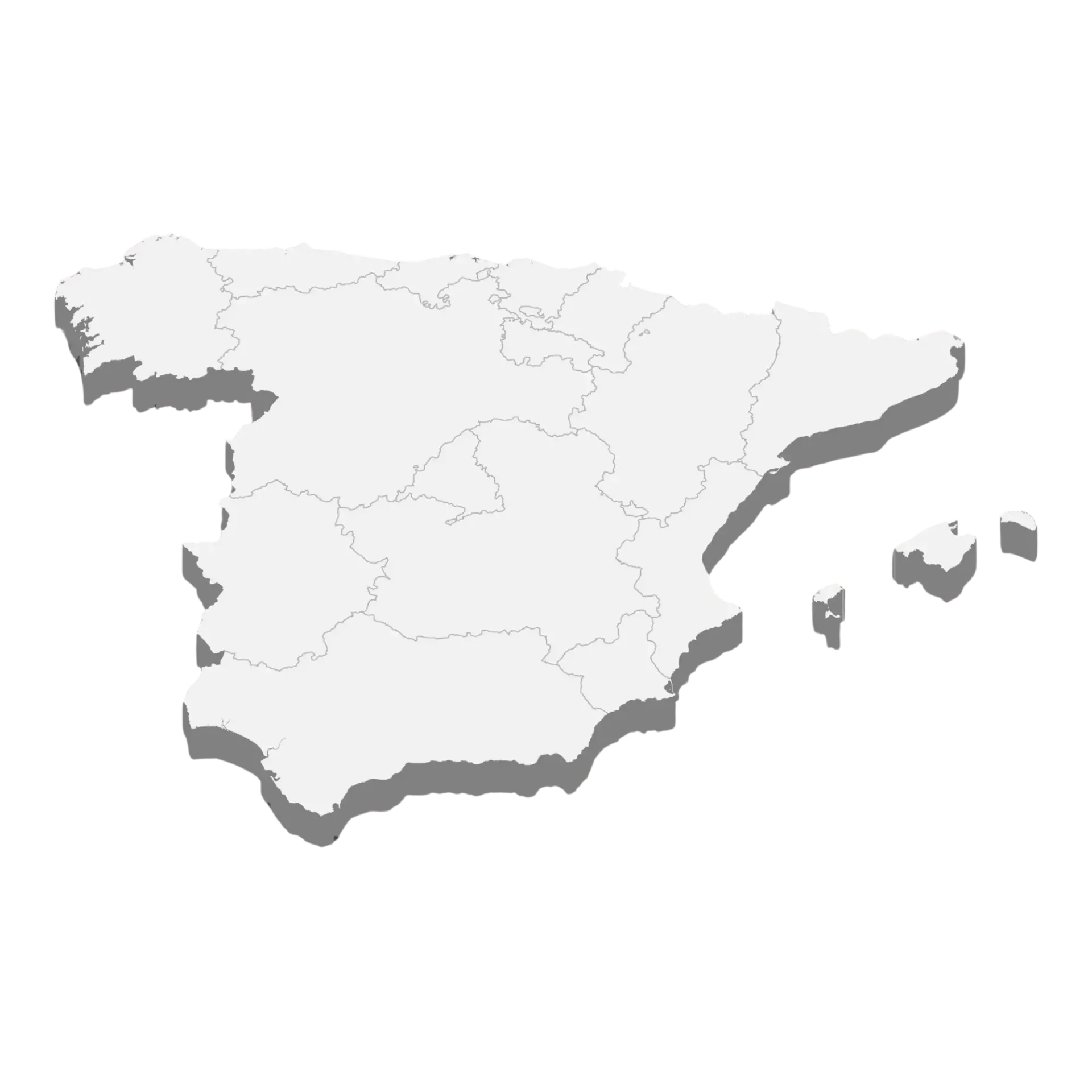 Mapa isométrico de España, en blanco con sombra gris, que muestra las fronteras regionales.