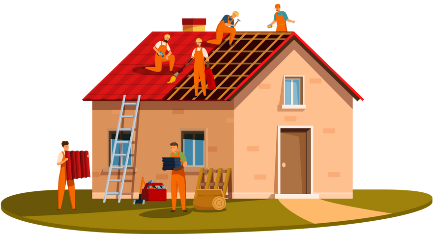 Ouvriers réalisant des travaux divers sur une maison