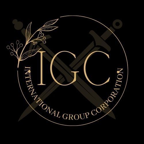 Logotipo de International Group Corporation: texto dorado y espadas cruzadas sobre fondo negro.