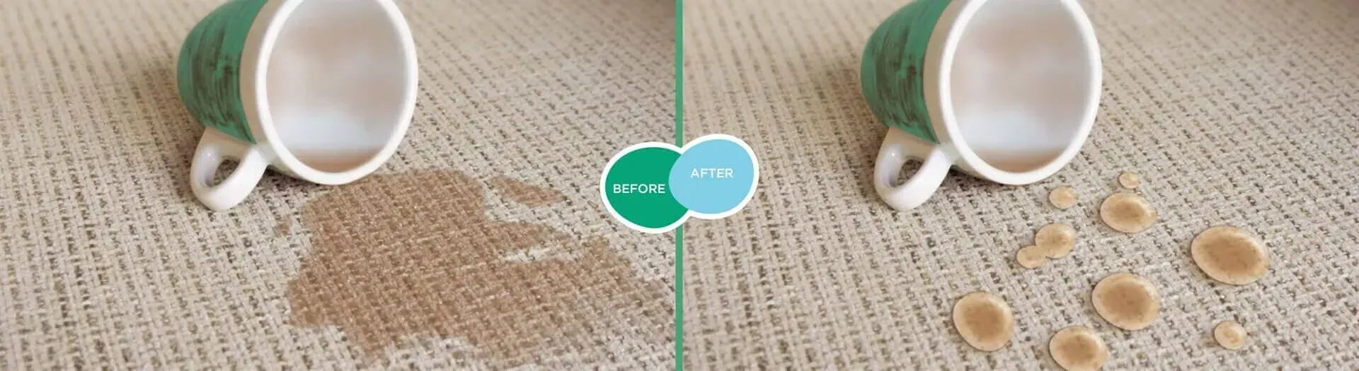 Uma foto de antes e depois de uma chávena de café num tapete.