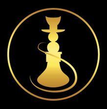 Eine goldene Wasserpfeife in einem Kreis auf schwarzem Hintergrund.