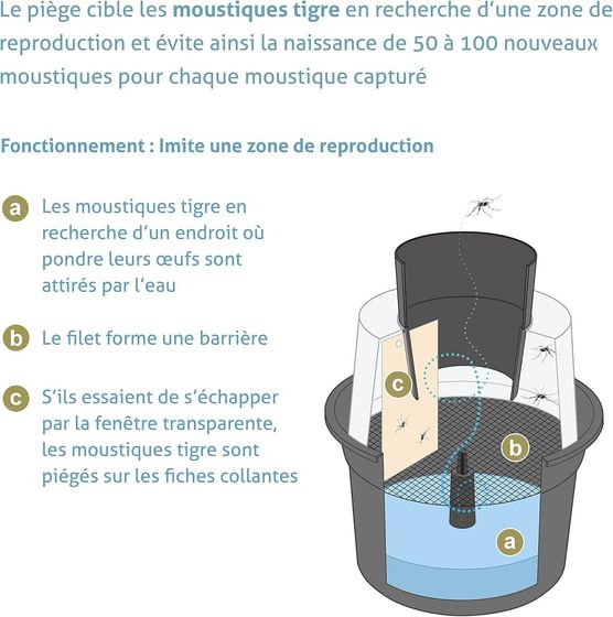 Piège pour moustiques tigres imitant une zone de reproduction. Attire les moustiques avec de l'eau et les piège avec un filet et des fiches collantes.