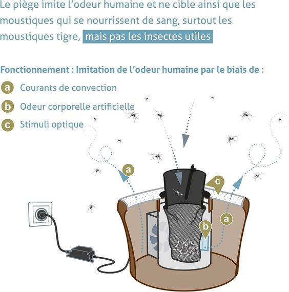 Piège pour moustiques tigres utilisant l'imitation de l'odeur humaine, des courants de convection, des odeurs corporelles artificielles et des stimuli optiques.