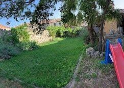 Jardín trasero con césped, árboles, borde de piedra y un tobogán rojo y azul a la derecha.