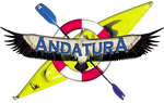 Logotipo: &aacute;guila blanca con alas extendidas, texto azul "ANDATURA", chaleco salvavidas, kayak y remos.