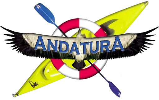 Logotipo: águila blanca con alas extendidas, texto azul "ANDATURA", chaleco salvavidas, kayak y remos.