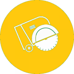 Icono circular amarillo con una ilustración de una sierra circular blanca y verde.
