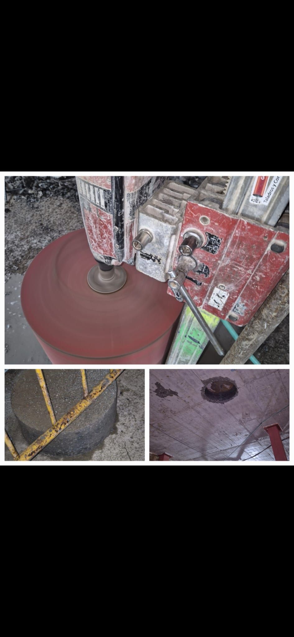 Primer plano de un mecanismo de metal rojo con tuberías y válvulas, que se muestra con dos vistas de detalle insertadas a menor escala.