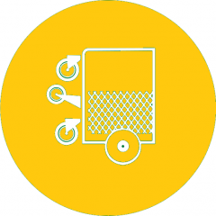 Icono circular amarillo de un carrito de limpieza con laterales de malla y ruedas pequeñas.