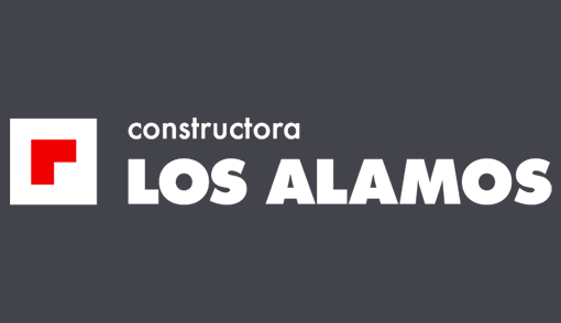 Logo de Constructora Los Álamos en blanco y rojo sobre fondo gris oscuro
