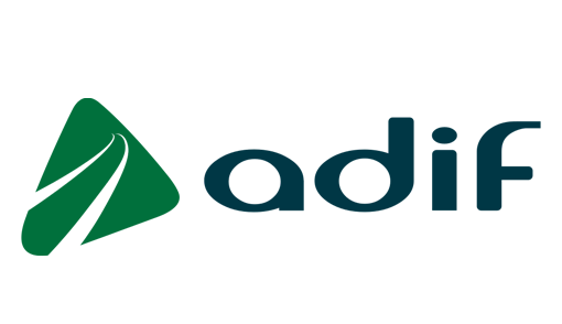 Logotipo triangular verde con líneas diagonales blancas junto a la palabra “adif” en azul verdoso oscuro.