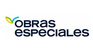 Logo de “Obras Especiales” en negro con un ícono de hojas verde y azul