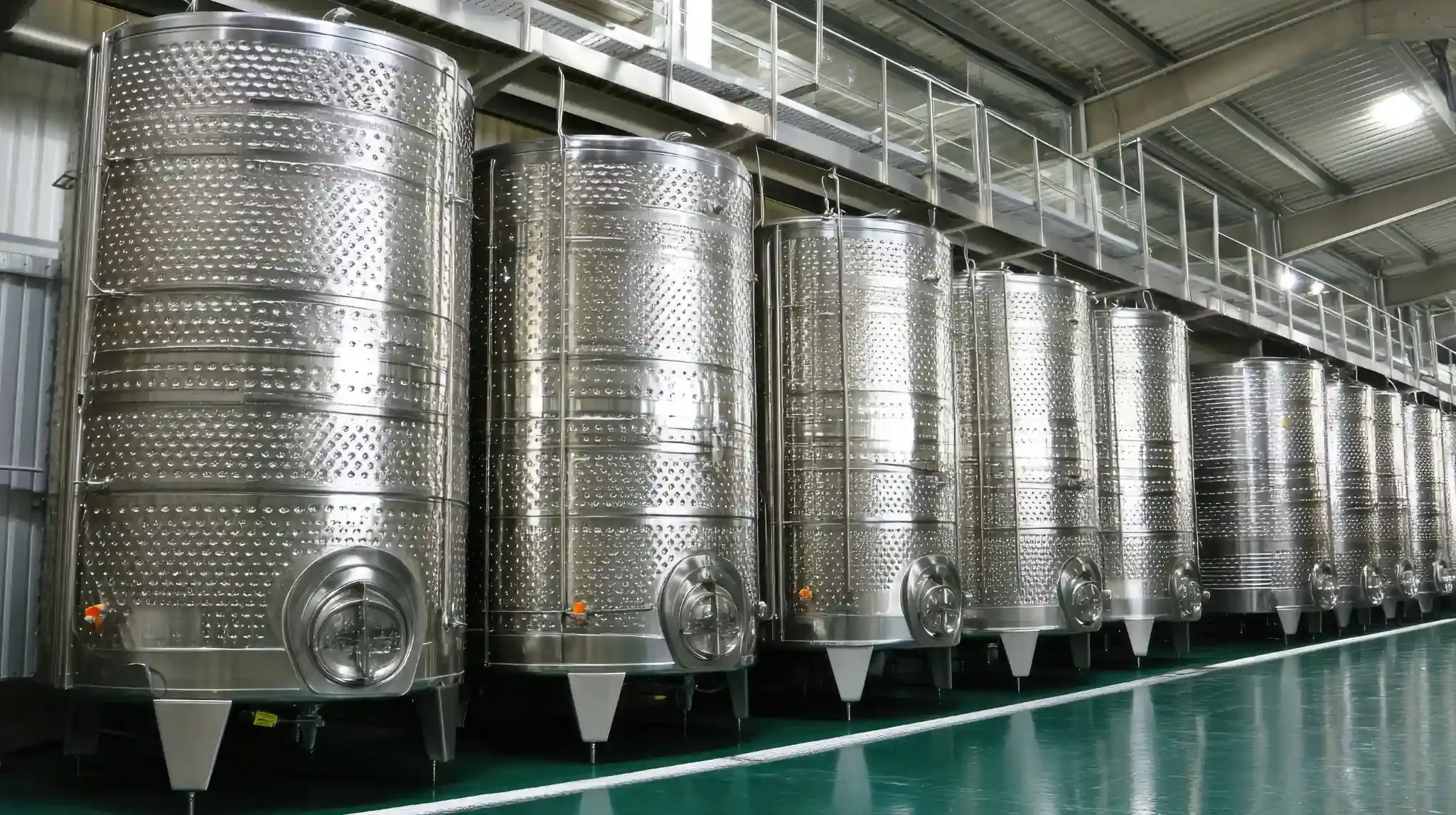 Fila de tanques de fermentación de acero inoxidable en una bodega.