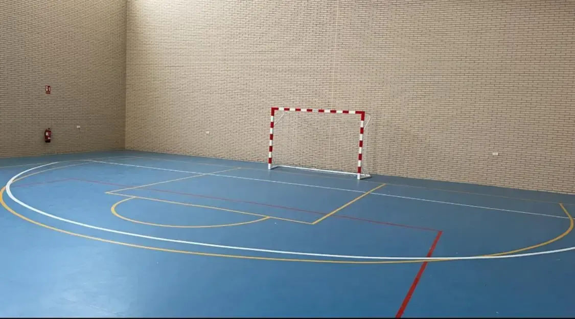 Pista deportiva cubierta de color azul con portería de balonmano, líneas marcadas y paredes de ladrillo.