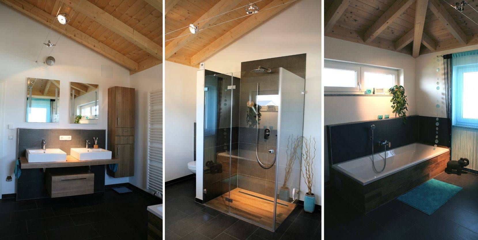 Ein moderner grau gefliester Flur mit einem Sideboard und Dekoration darauf