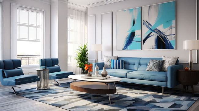 Una sala de estar con un sofá azul, sillas, mesa de café y cuadros en la pared.