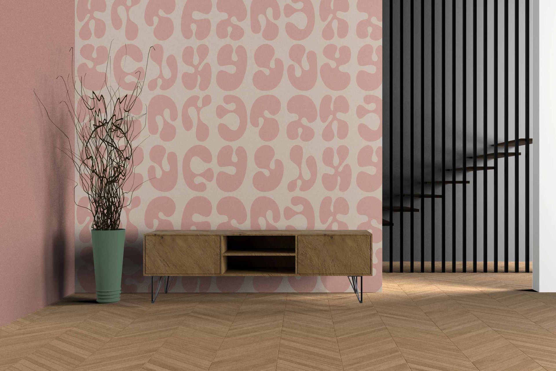Una habitación con una pared rosa y un armario de madera.