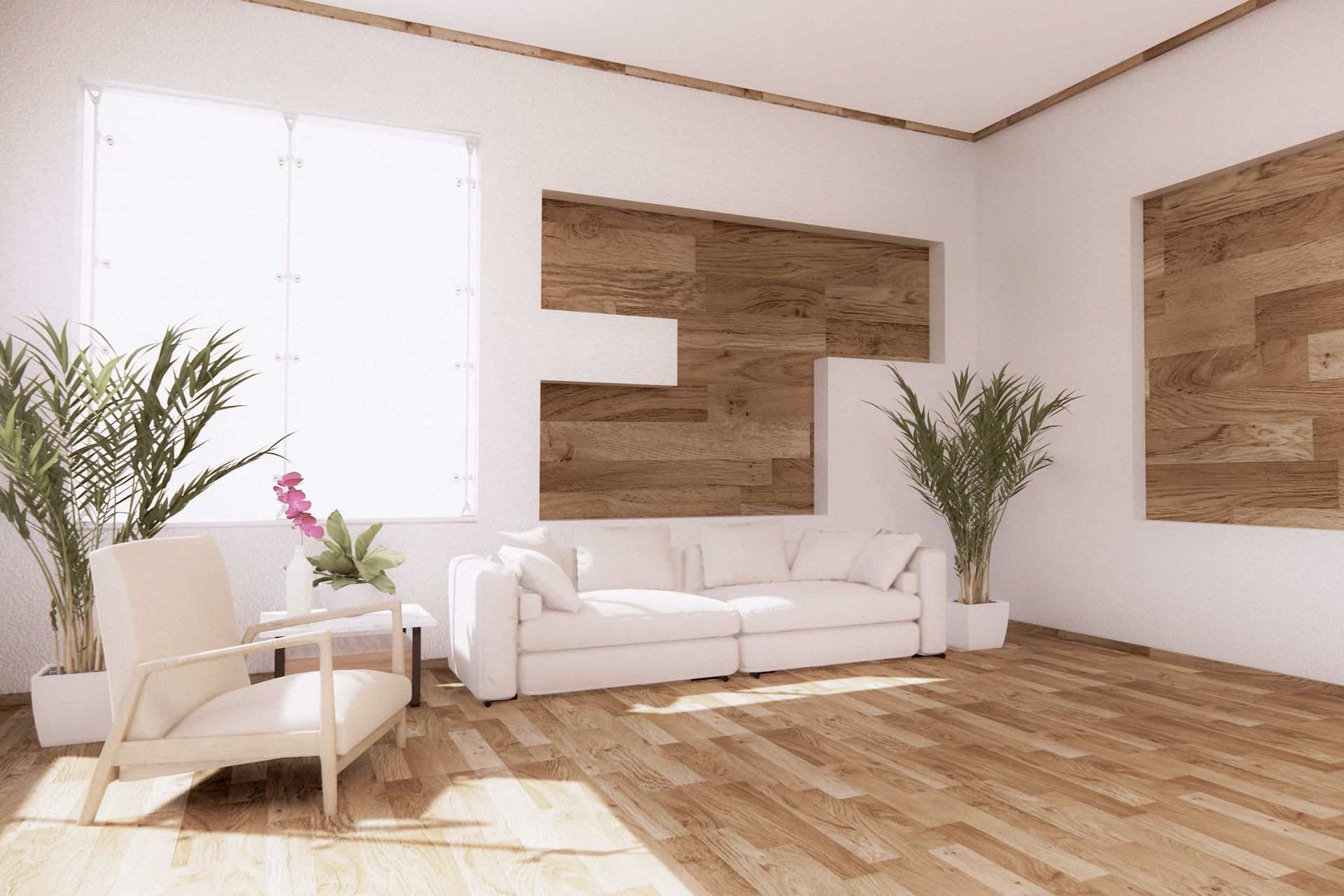 Una sala de estar con un sofá, una silla y plantas.