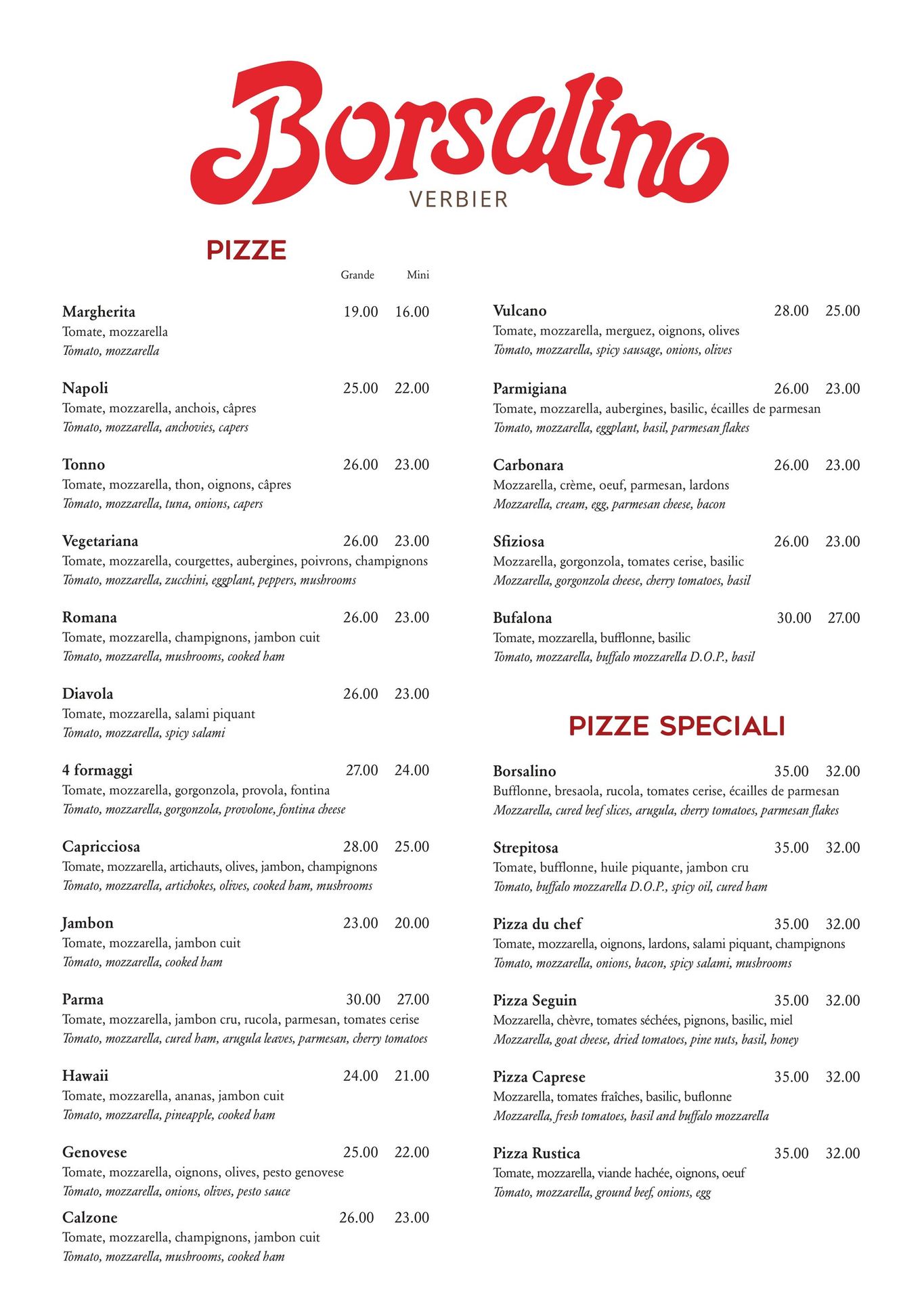 Un menu pour un restaurant appelé borsalino pizza