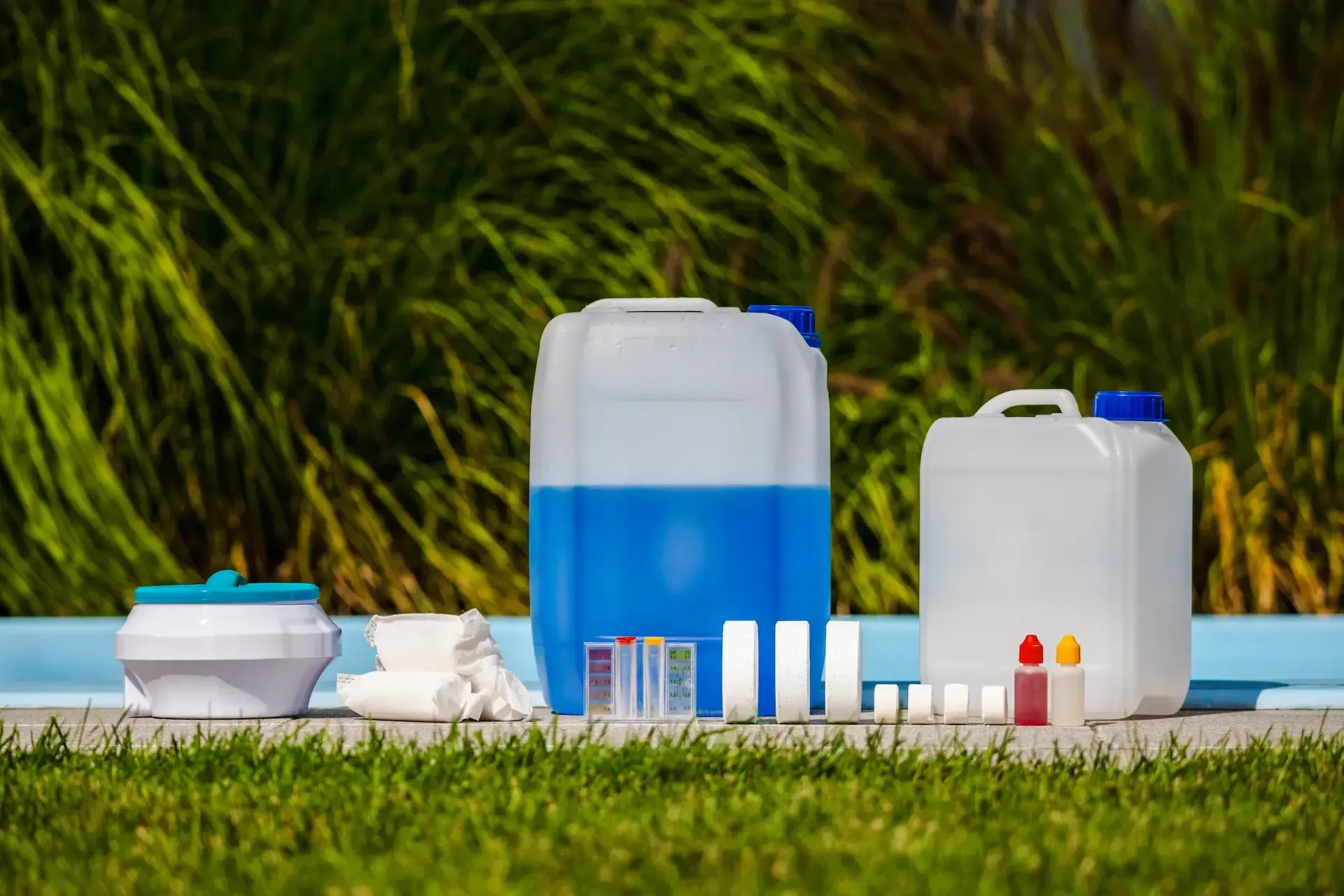 Productos químicos para piscinas y suministros de prueba, incluido un recipiente con líquido azul, sobre césped.