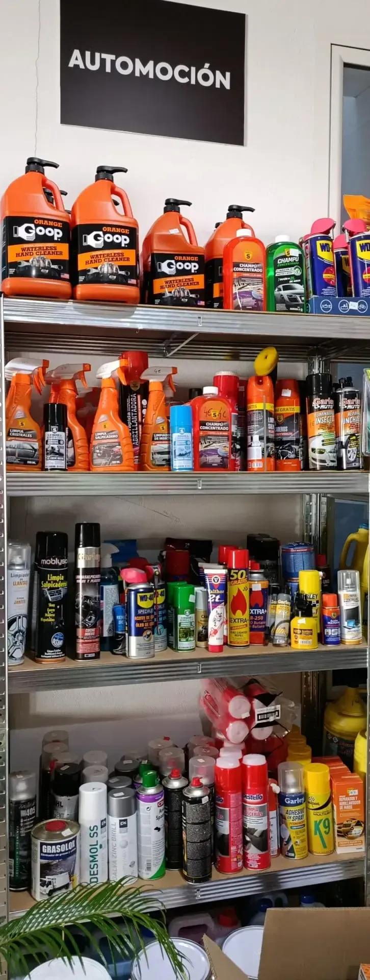 Estanterías repletas de productos de limpieza para automóviles. Cartel 