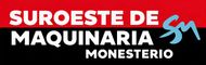 Logotipo de Suroeste de Maquinaria Monasterio. Texto sobre fondo negro y rojo, icono "SM" azul claro.