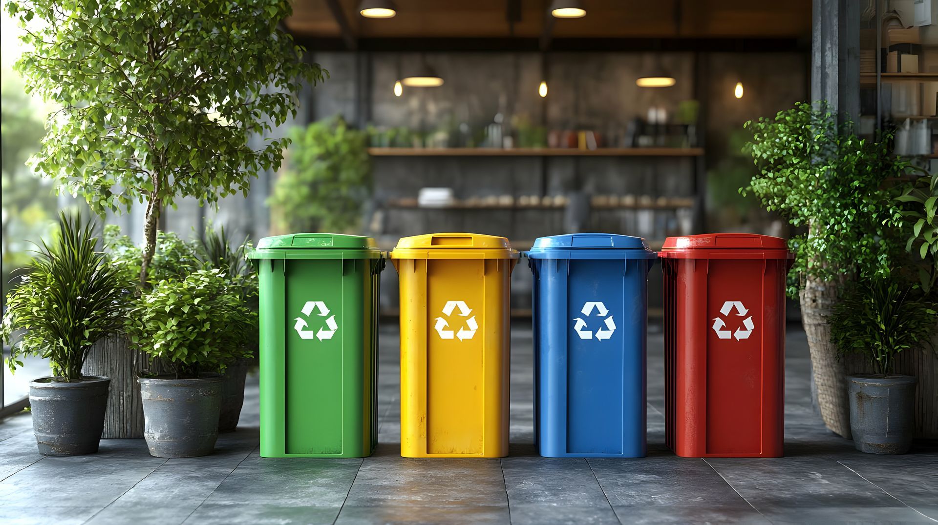 Quatre poubelles de recyclage : verte, jaune, bleue et rouge, chacune ornée d'un symbole de recyclage.