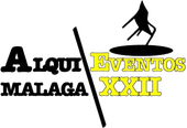 Logotipo de Aloqui M&aacute;laga Eventos XXII en negro y amarillo con una figura estilizada sobre el texto.