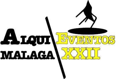 Logotipo de Aloqui M&aacute;laga Eventos XXII en negro y amarillo con una figura estilizada sobre el texto.