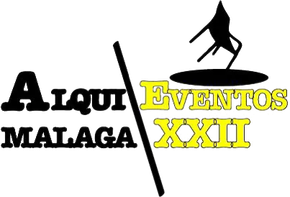 Logotipo de Aloqui M&aacute;laga Eventos XXII en negro y amarillo con una figura estilizada sobre el texto.