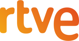 Un logotipo naranja y amarillo de RTVE sobre un fondo blanco.
