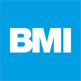 Un logotipo de BMI blanco sobre un fondo azul