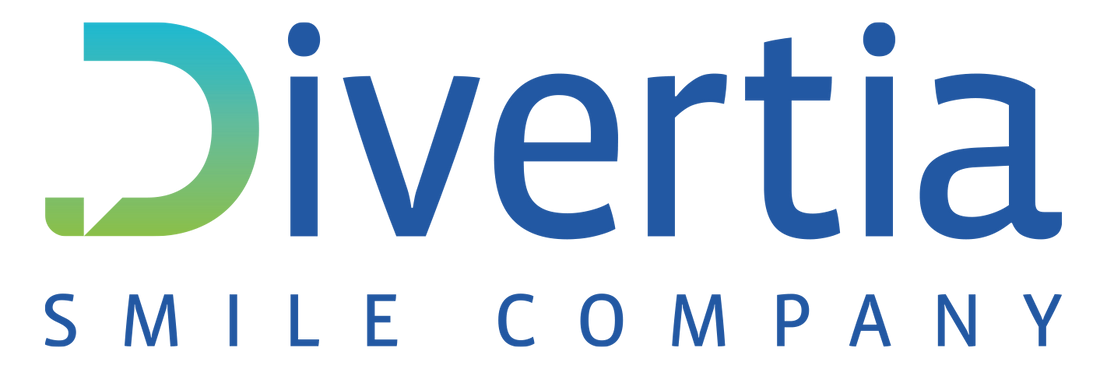 Un logotipo azul y verde para la empresa Divertia Smile.