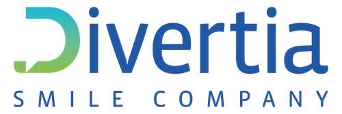 Un logotipo azul y verde para la empresa Divertia Smile.