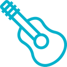 Un icono azul de una guitarra acústica sobre un fondo blanco.