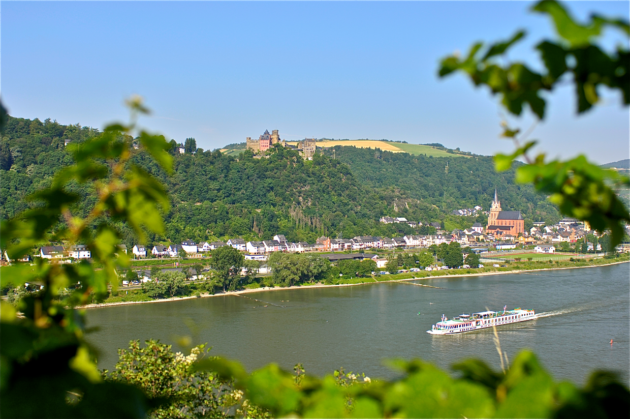 Auf einem See schwimmt ein Boot, im Hintergrund ist ein Schloss zu sehen und dazwischen Oberwesel.