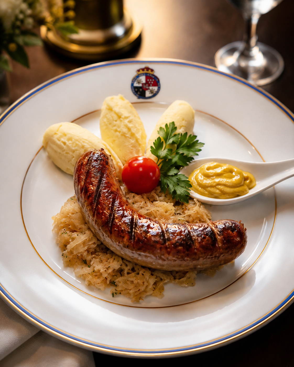 Gegrillte Wildbratwurst mit Kartoffelpüree, Sauerkraut, Senf und Petersilie auf einem weißen Teller
