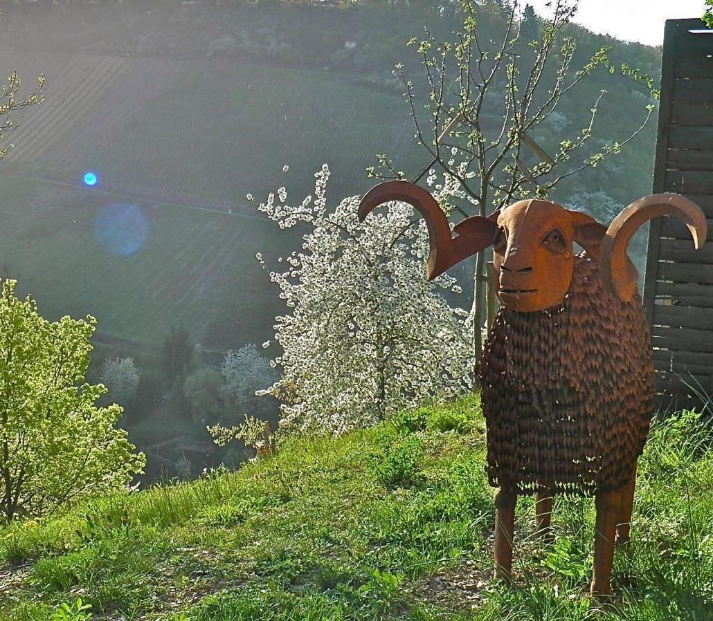 Eine Statue eines Widders mit Hörnern, der im Gras steht im Burggarten
