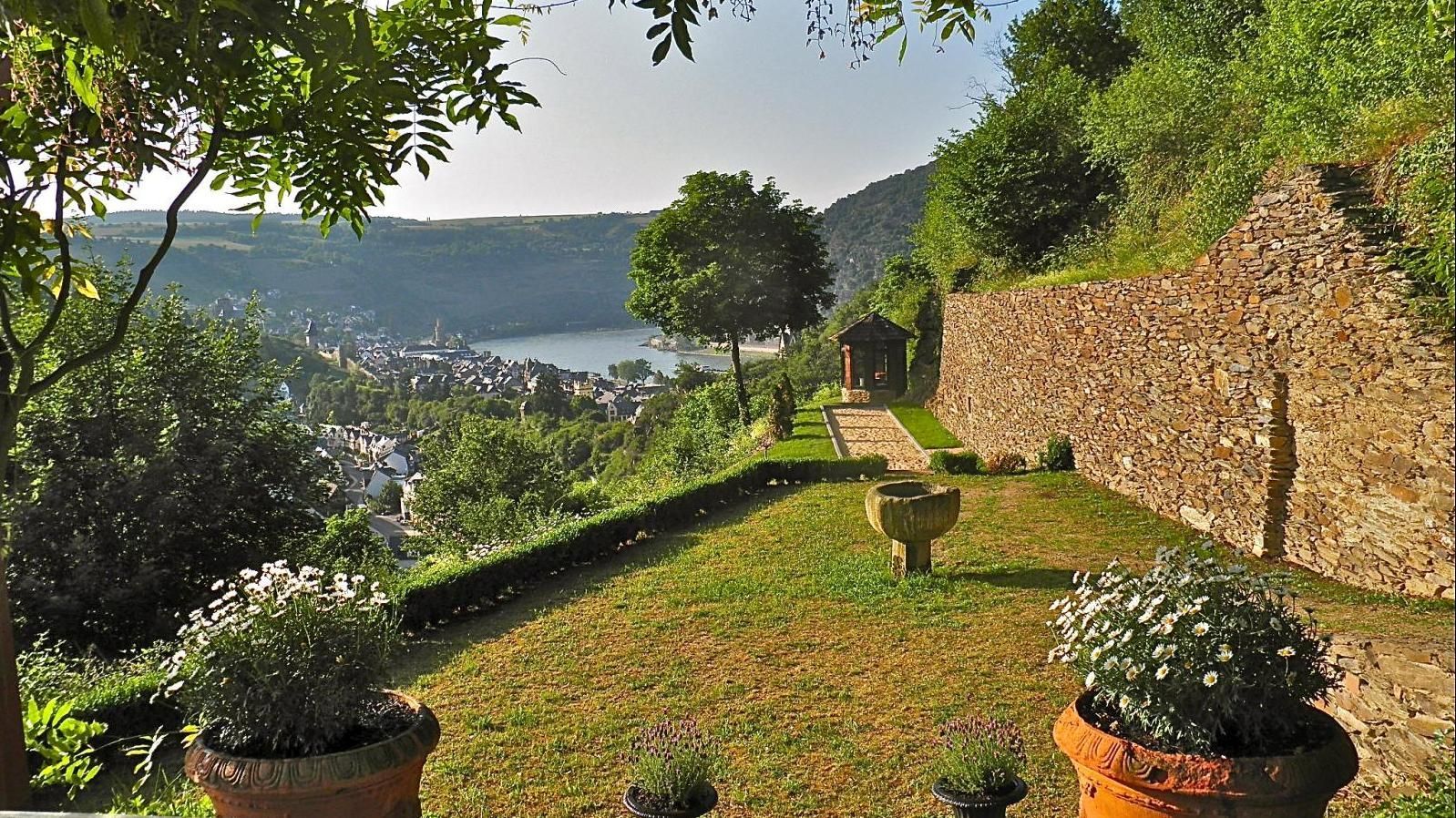 Ein üppiger grüner Garten mit Blick auf einen See