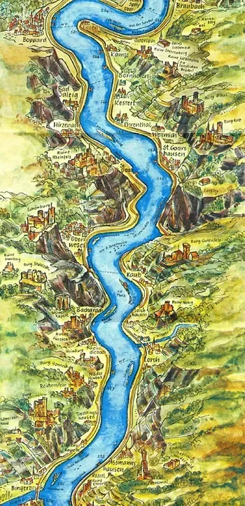 Eine Karte eines Flusses (Rhein), umgeben von Bergen und Bäumen.