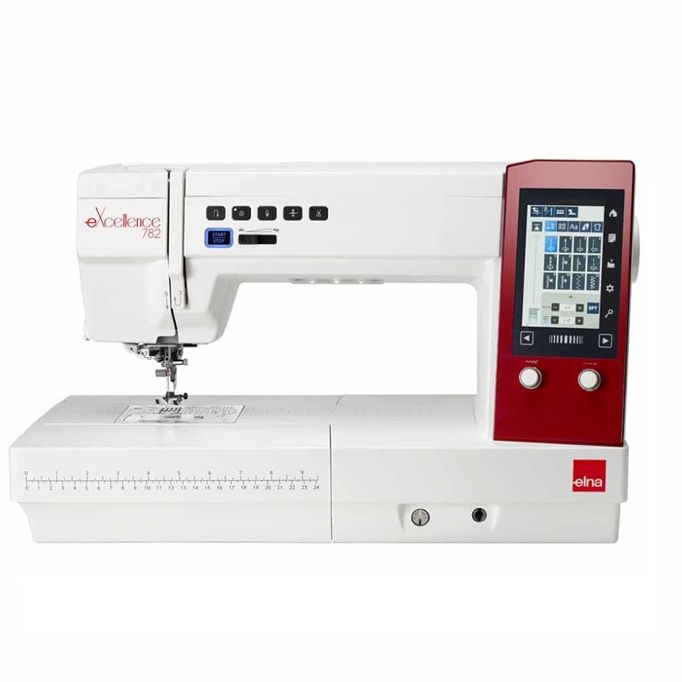 Máquina de coser y bordar blanca con panel de control azul sobre un fondo liso.
