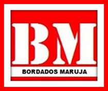 Logotipo de BM en rojo y blanco con el texto Bordados Maruja dentro de un borde rojo.