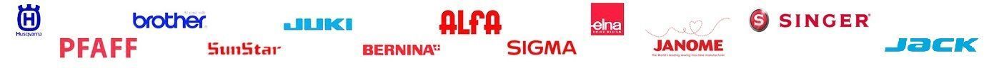Fila de logotipos de marcas en rojo y azul sobre un fondo blanco, incluyendo Brother, ALFA, Singer y Juki.