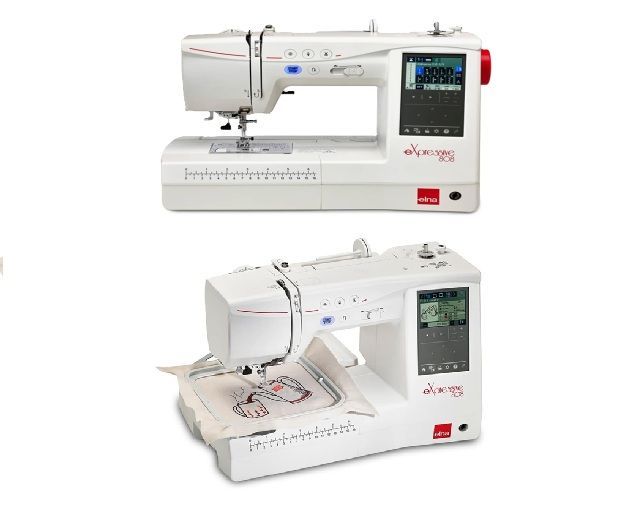 Máquina de coser industrial JACK blanca con detalles azules y guías de hilo sobre una mesa de trabajo.