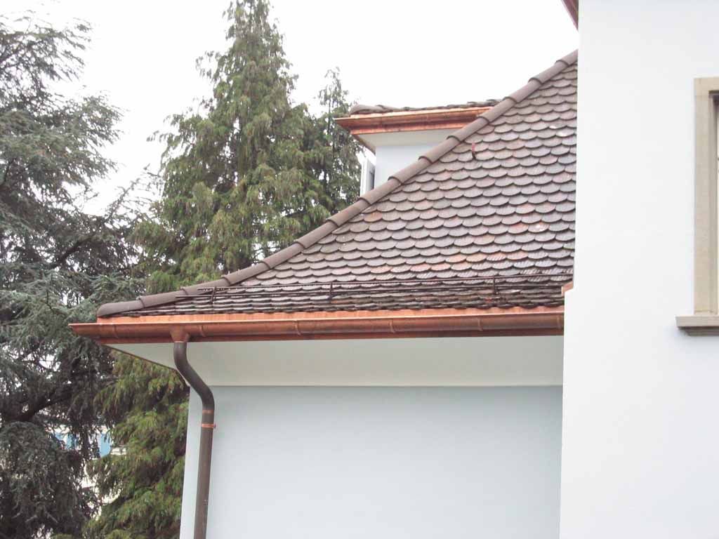 Steildachtraufe mit Sitrnbrettbekleidung und Dachrinne