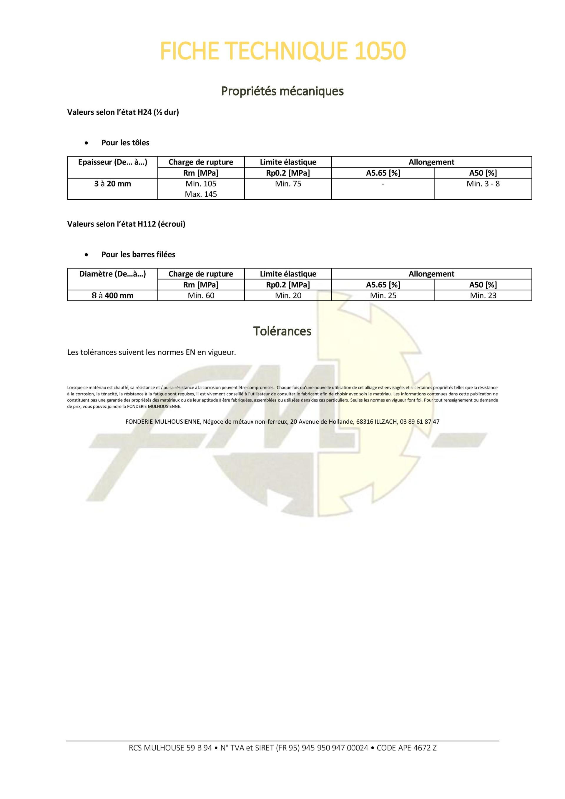 Fiche technique d'un produit, avec des données réparties en différentes catégories et colonnes.