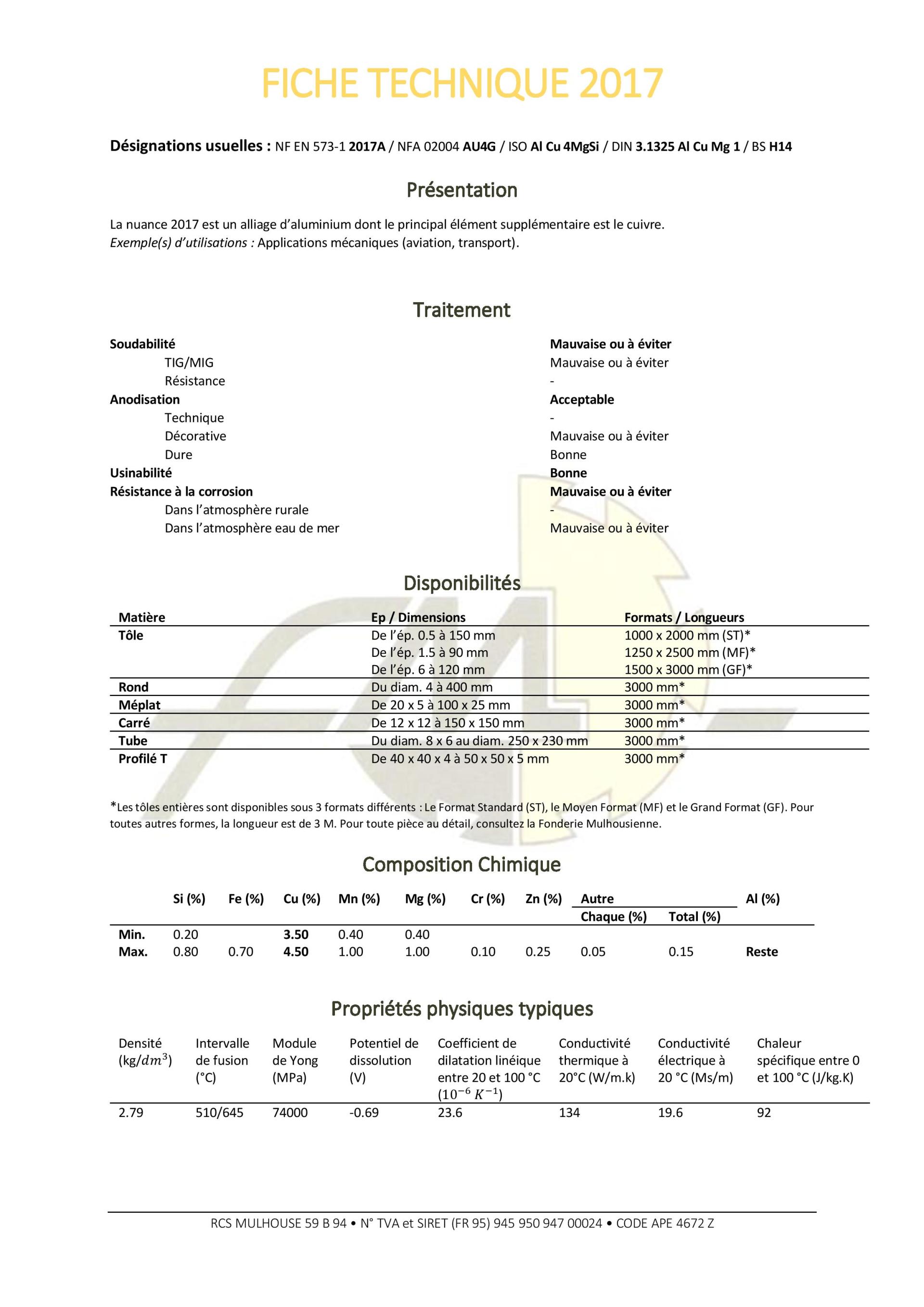 Fiche technique de 2017 contenant les détails du produit, ses spécifications et ses informations de performance.