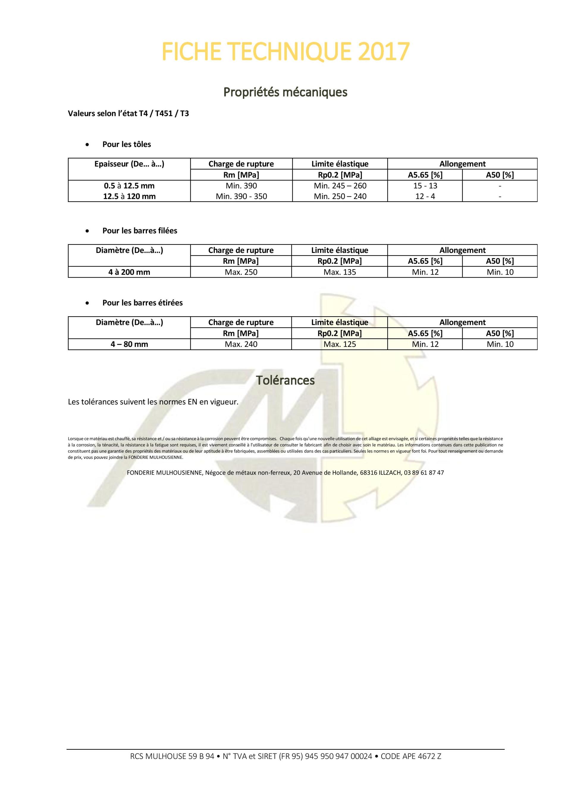 Fiche technique 2017 avec tableau détaillant les spécifications d'un produit.