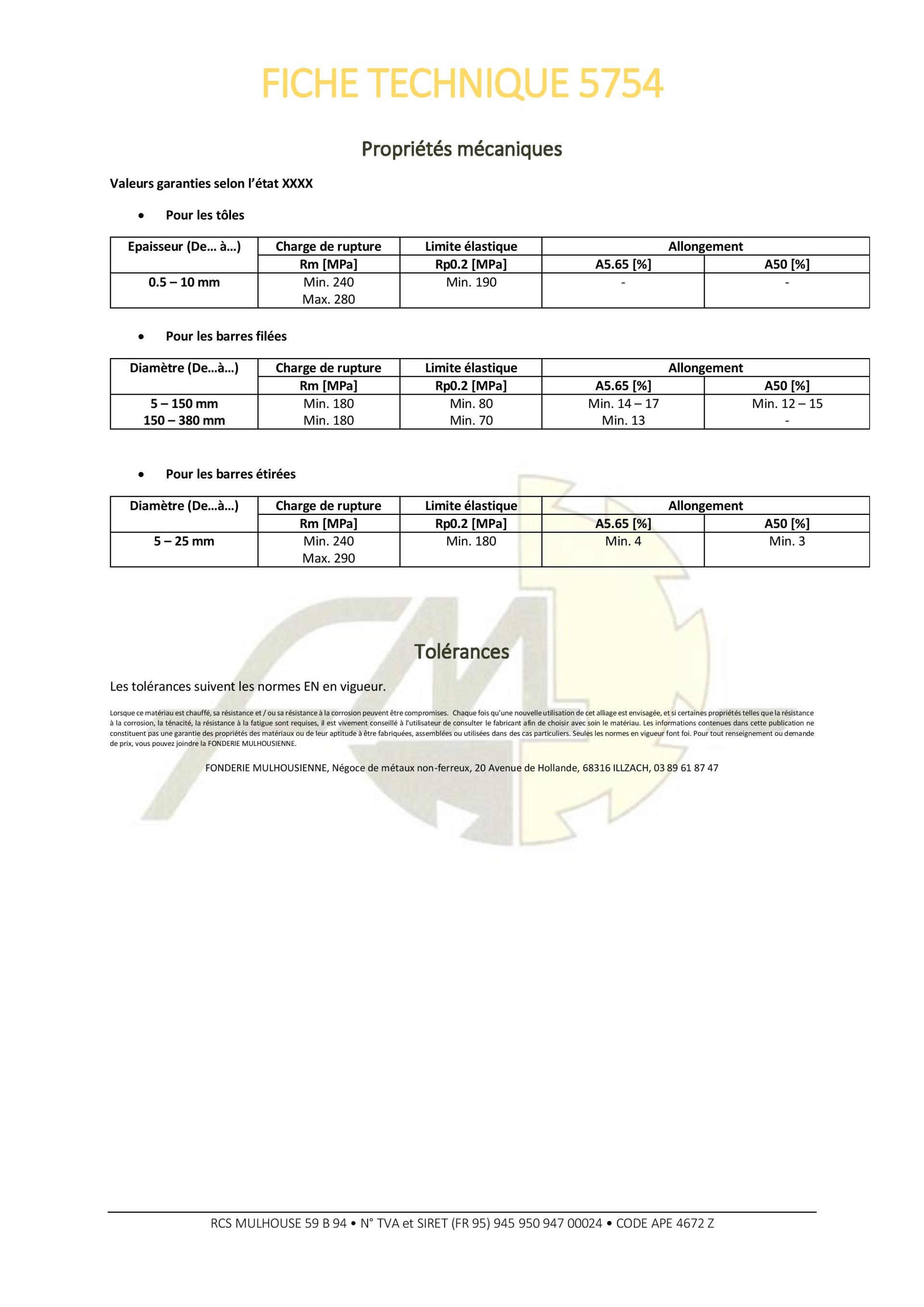 Fiche technique 5754 : tableau des spécifications des produits.
